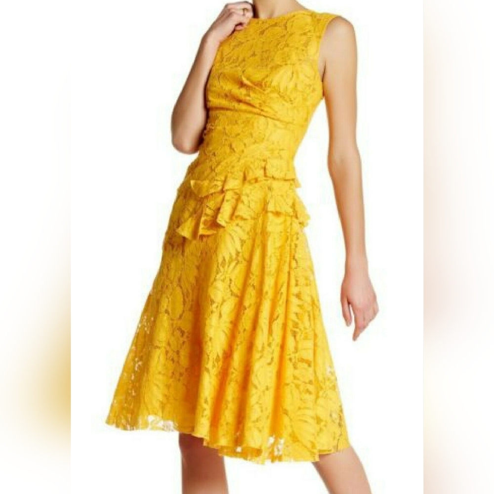 □$3,800 NEW OSCAR DE LA RENTA YELLOW FLORAL GUIPURE LACE DRESS GOWN US 6